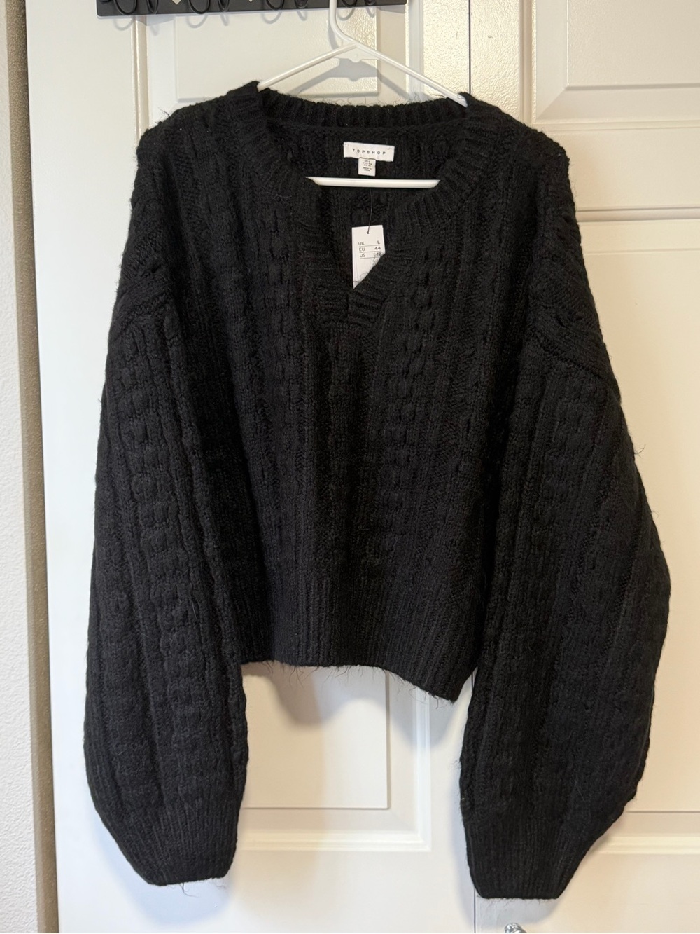 Topshop Black Cable Knit V-Neck Pullover Sweater NWT